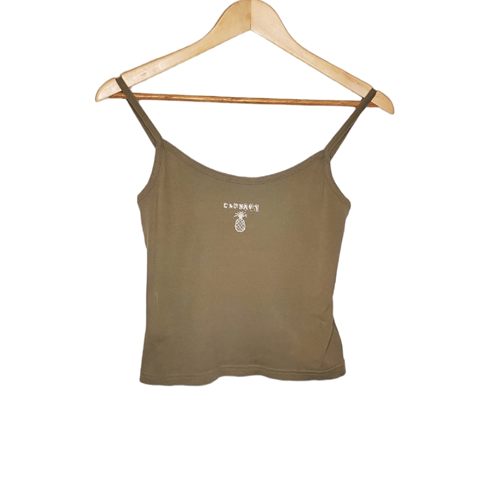 Olive Drab Spaghetti Strap Camisole Tank Top with Pineapple Graphic